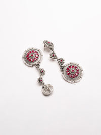 PANASH Silver-Plated Stones Studded Contemporary Shaped Oxidized Drop Earrings