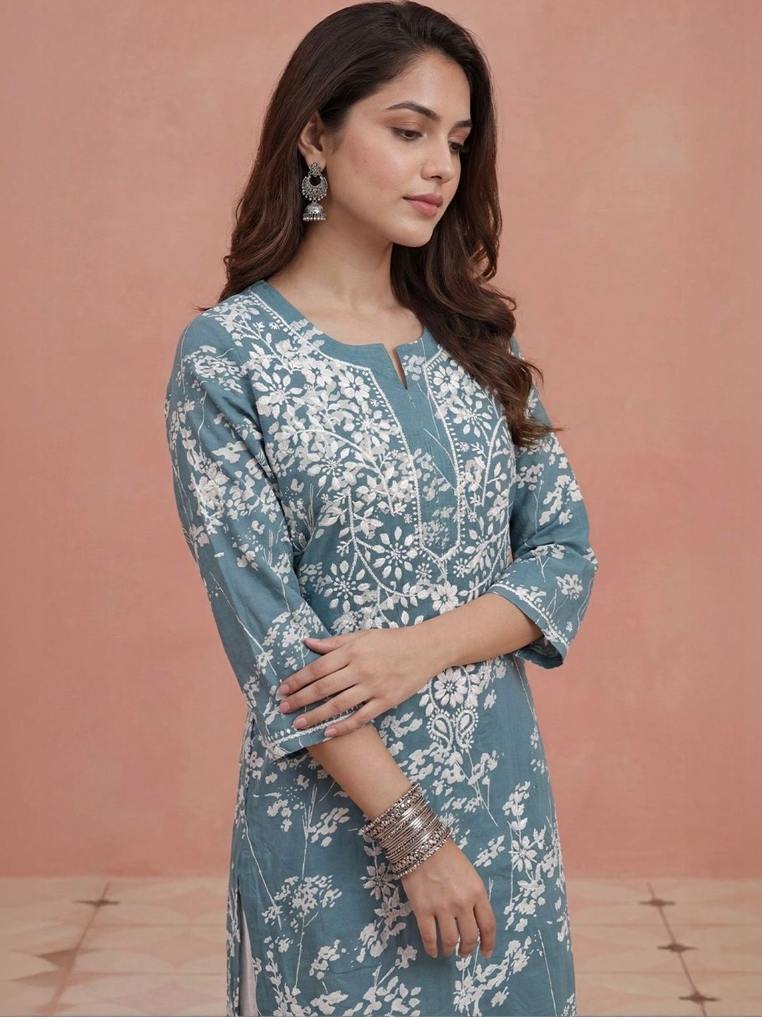Rumah Wanita Chikankari Kurta Chikankari Sulaman Bunga