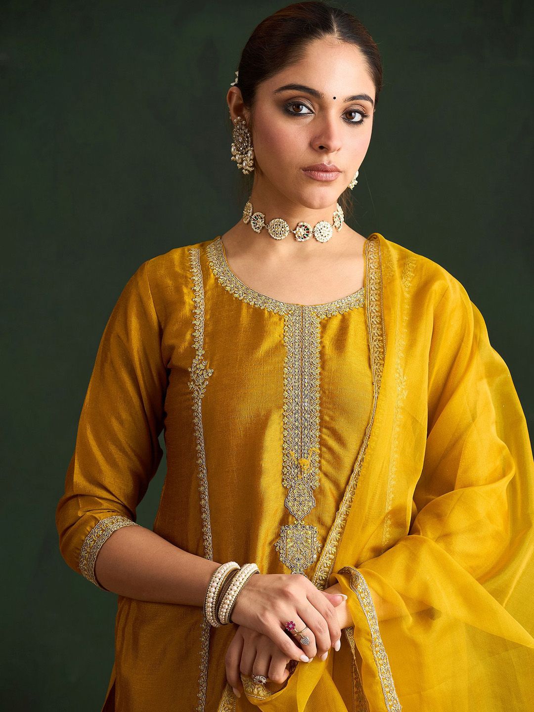 Indo Era Women Embroidered Regular Sequinned Kurta with Trousers & With Dupatta