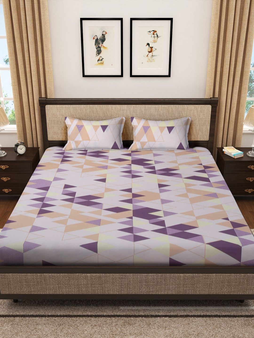 Myntra Elegant Homes White Printed Pure Cotton Fitted 400TC King Bedsheet Set 2.5m X 2.25m