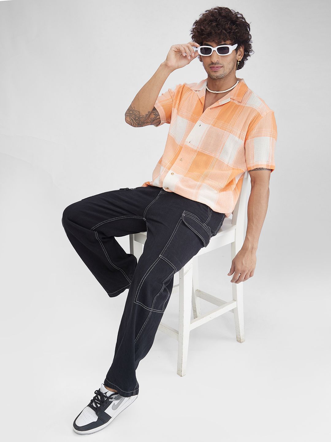 VASTRADO Men Classic Cuban Collar Checked Cotton Oversized Casual Shirt