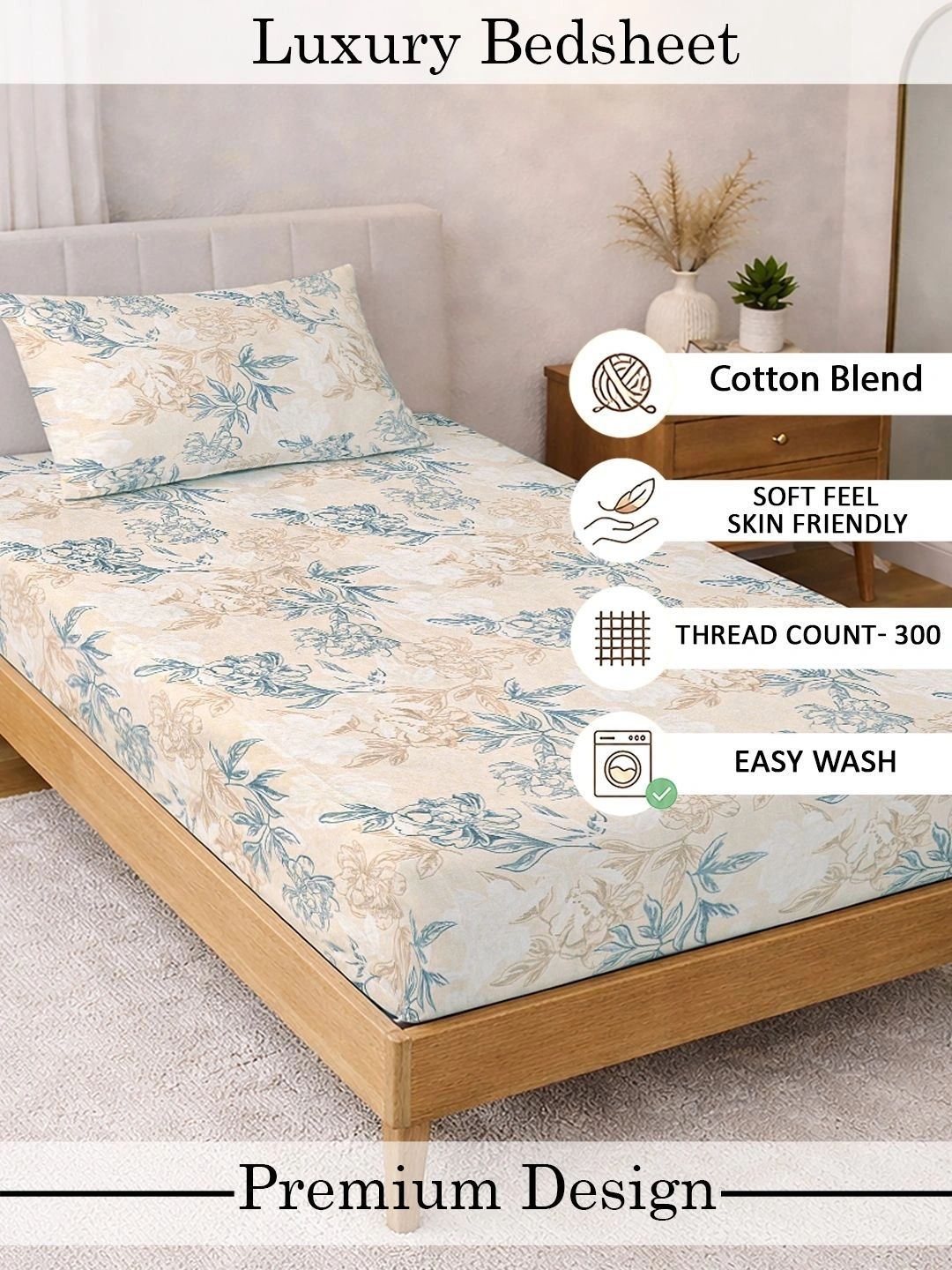 KLOTTHE Cream-Coloured Floral 300 TC Single Bedsheet with 1 Pillow Covers