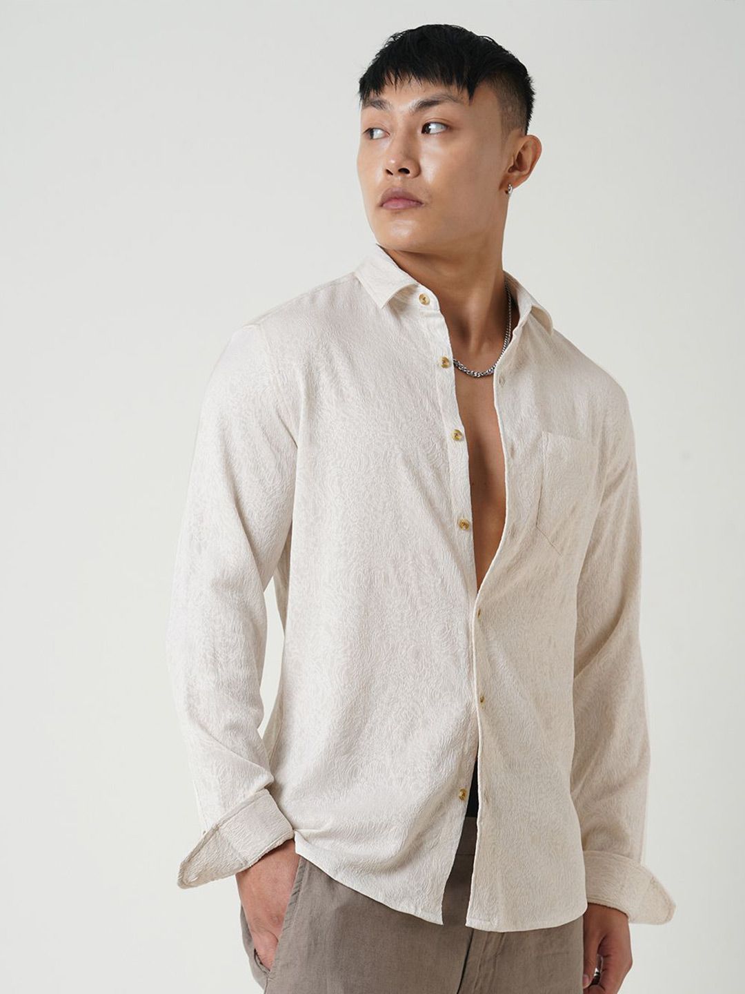 VASTRADO Men Classic Spread Collar Textured Slim Fit Casual Shirt