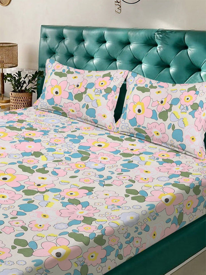 Aura White & Blue Floral Printed Set Cadar King 300 TC 2.5 m x 2.25 m