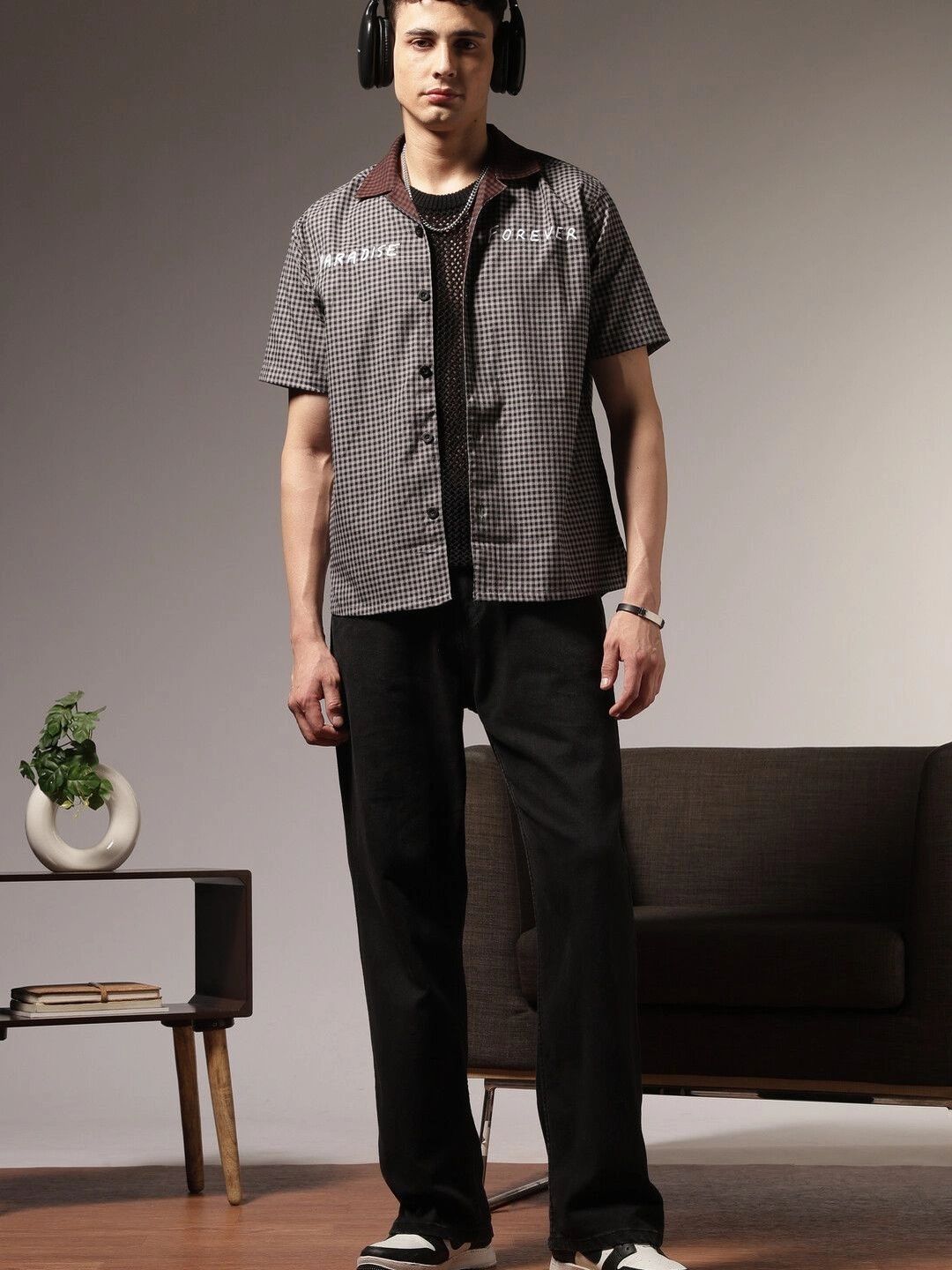 Eszett Checked Spread Collar Cotton Casual Shirt