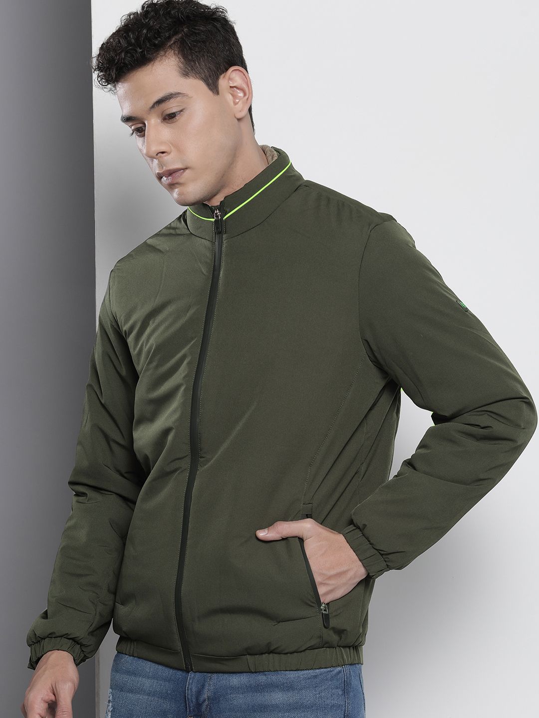 The Indian Garage Co Men Solid Zip-Front Bomber Jacket