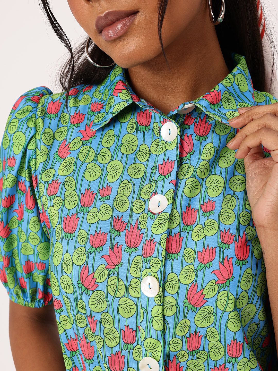 DressBerry Charming Floral Print Puffed Gathers Shirt Style Mini Dress