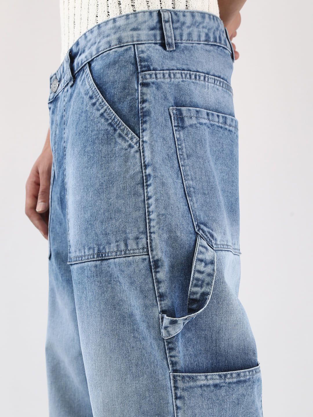 Urbano Fashion Men Light Blue Loose Baggy Fit Carpenter Cargo Jeans