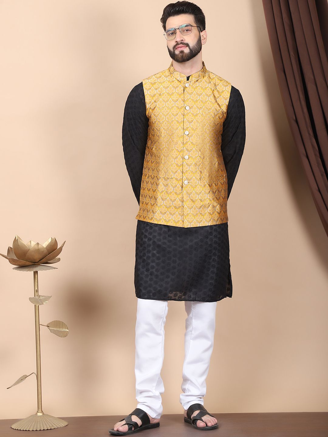 Anouk Black Floral Embroidered Thread Work Pure Cotton Kurta with Churidar & Nehru Jacket