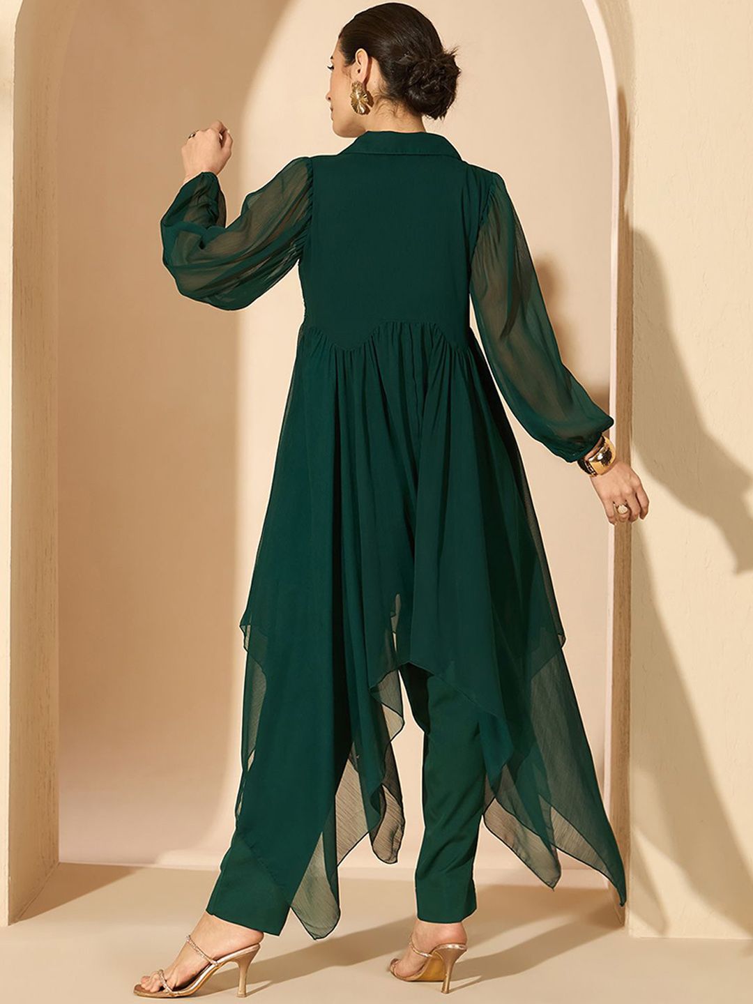 Antheaa Green Embellished Shirt Collar Tunic & Trousers