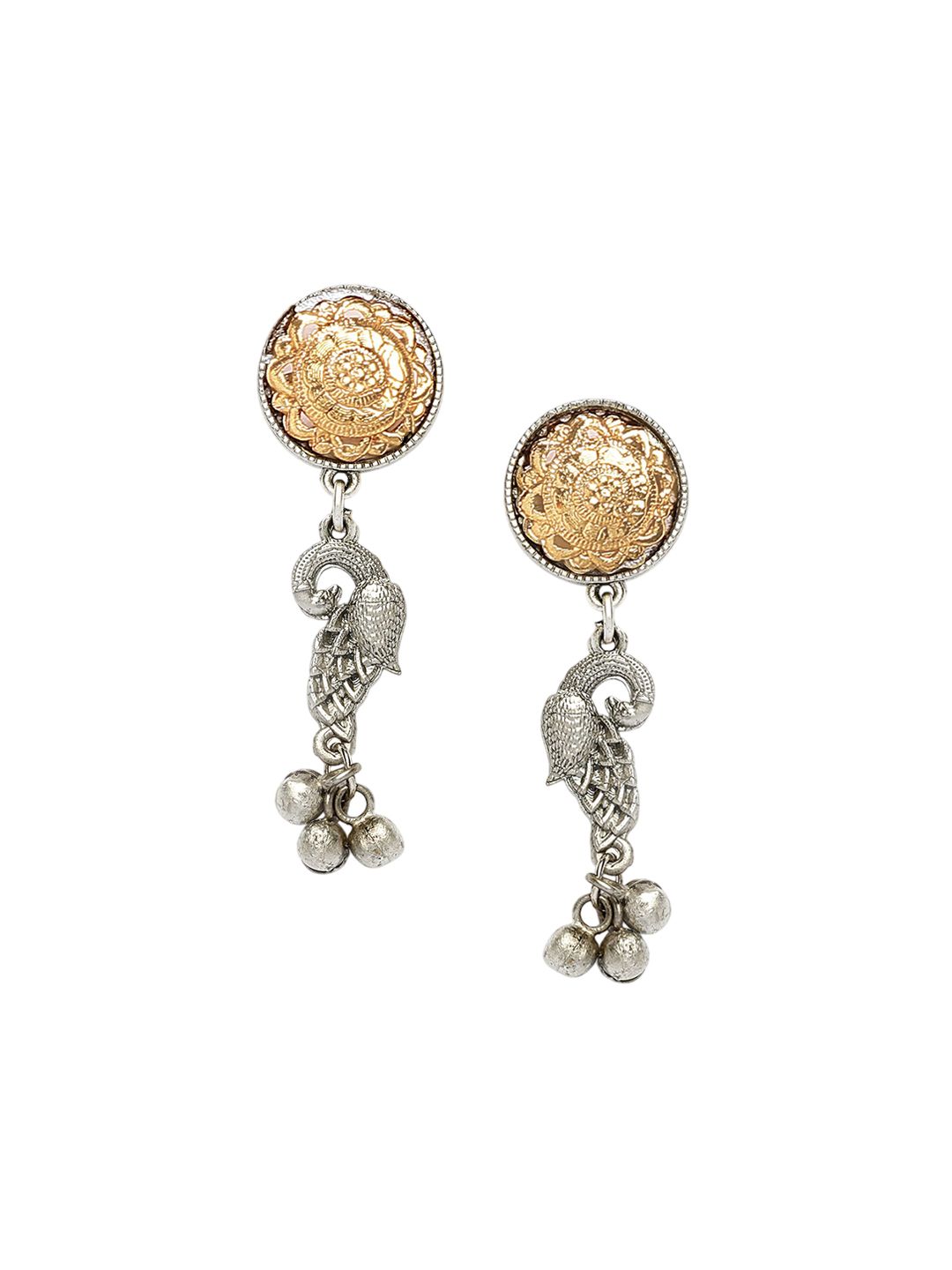 KARATCART Silver-Plated Red Stones Studded Oxidised Peacock Design Hasli Jewellery Set