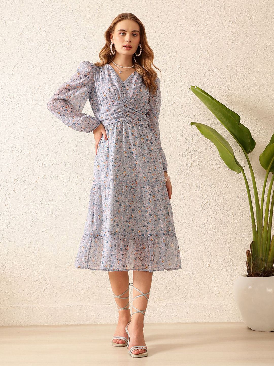 STREET 9 Print Puff Sleeves Georgette A-Line Midi Dress