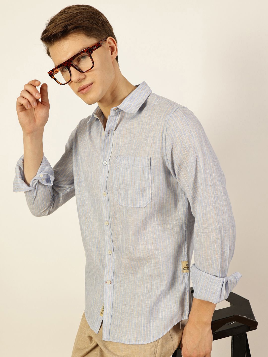 Thomas Scott Men Premium Striped Linen Blend Slim Fit Casual Shirt