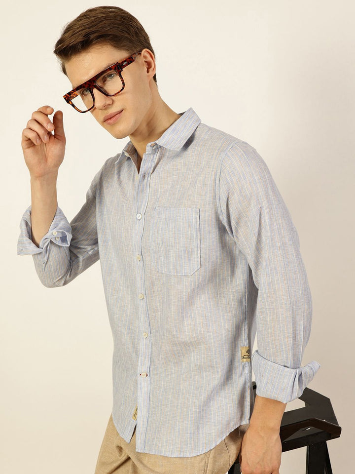 Thomas Scott Men Premium Striped Linen Blend Slim Fit Casual Shirt