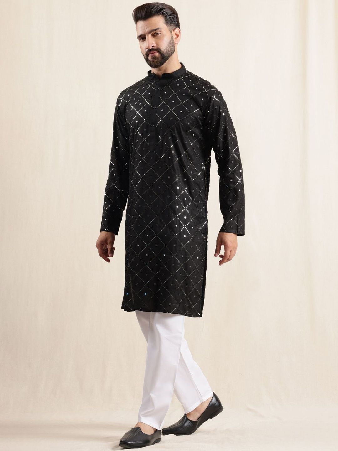 Anouk Embroidered Sequnnied Pure Cotton Straight Kurta With Pyjamas & Nehru Jacket