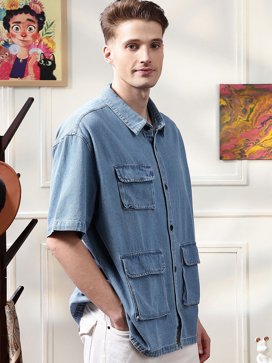 Eszett Embroidery Spread Collar Denim Ice Utility Oversized Shirt