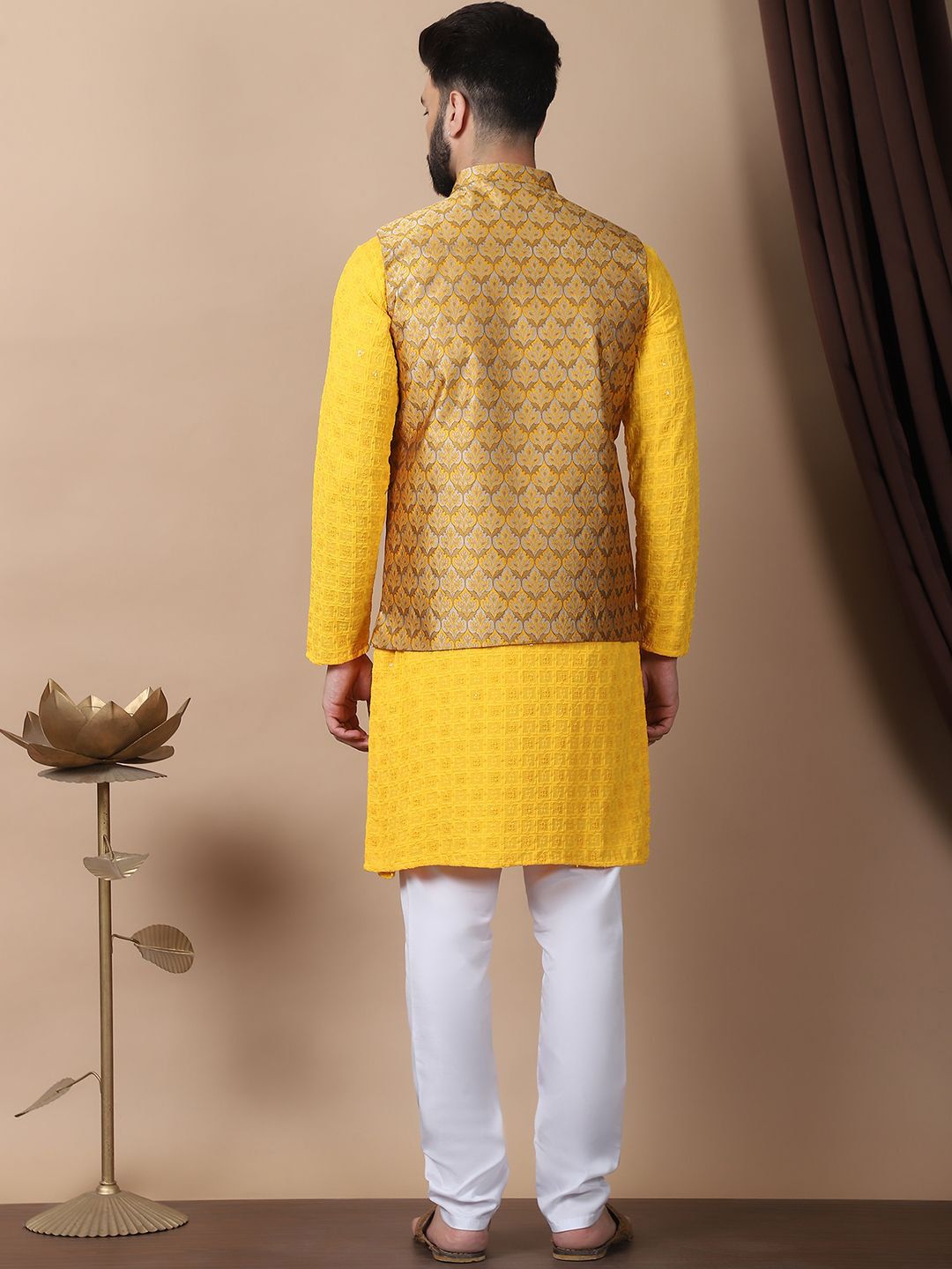 Anouk Mustard Yellow Floral Embroidered Pure Cotton Kurta with Churidar & Nehru Jacket