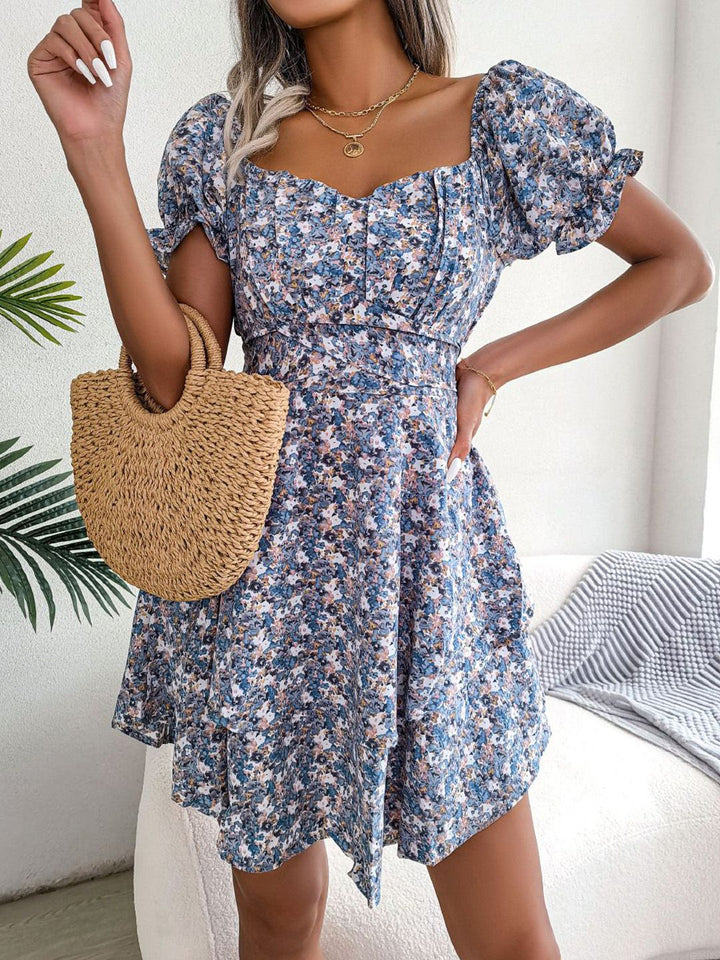 all about you Floral Print Sweatheart Neck Puff Sleeve Fit & Flare Mini Dress