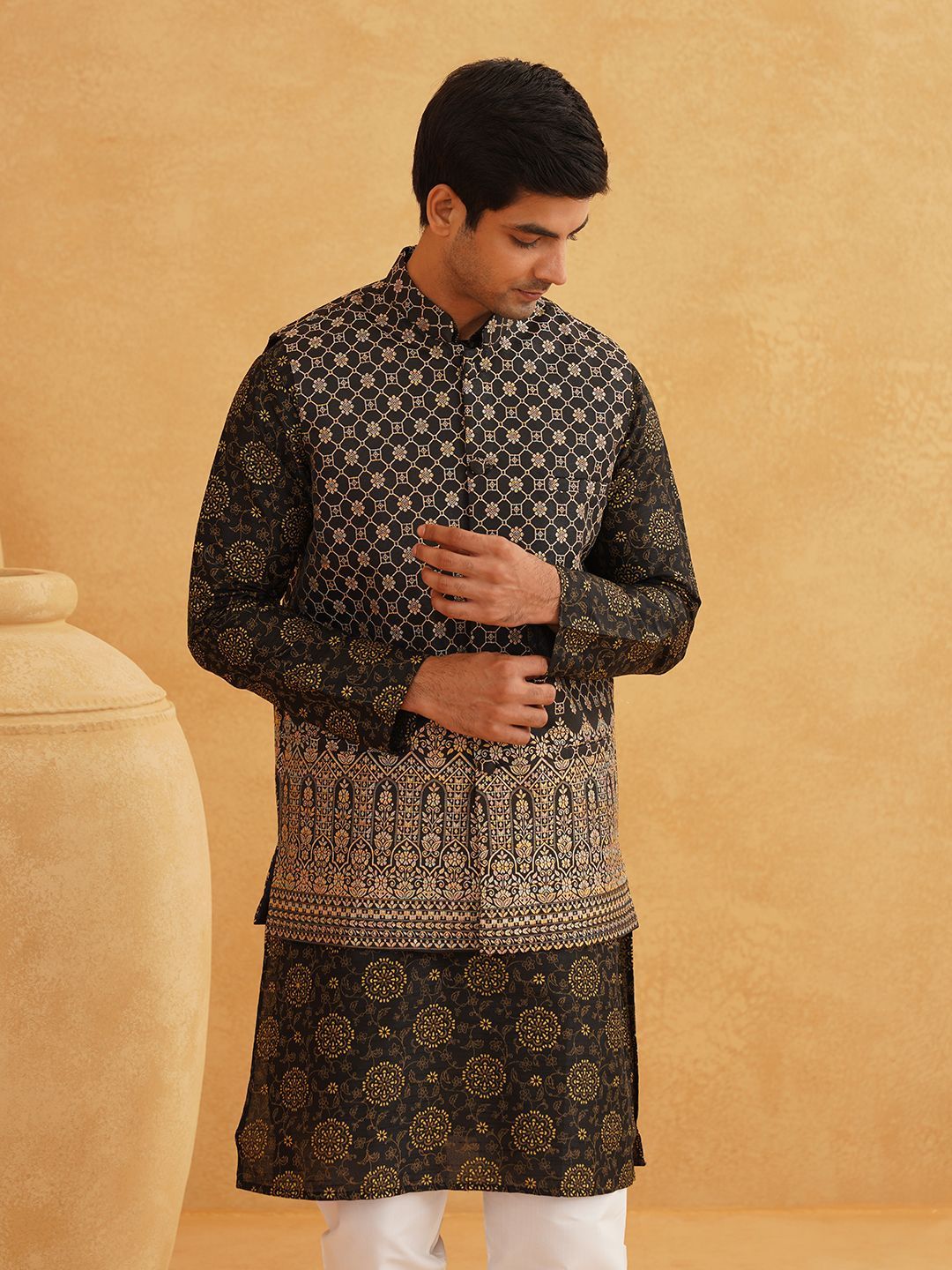 SOJANYA Floral Printed Mandarin Collar Kurta With Churidar And Nehru Jacket
