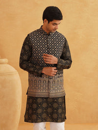 SOJANYA Floral Printed Mandarin Collar Kurta With Churidar And Nehru Jacket