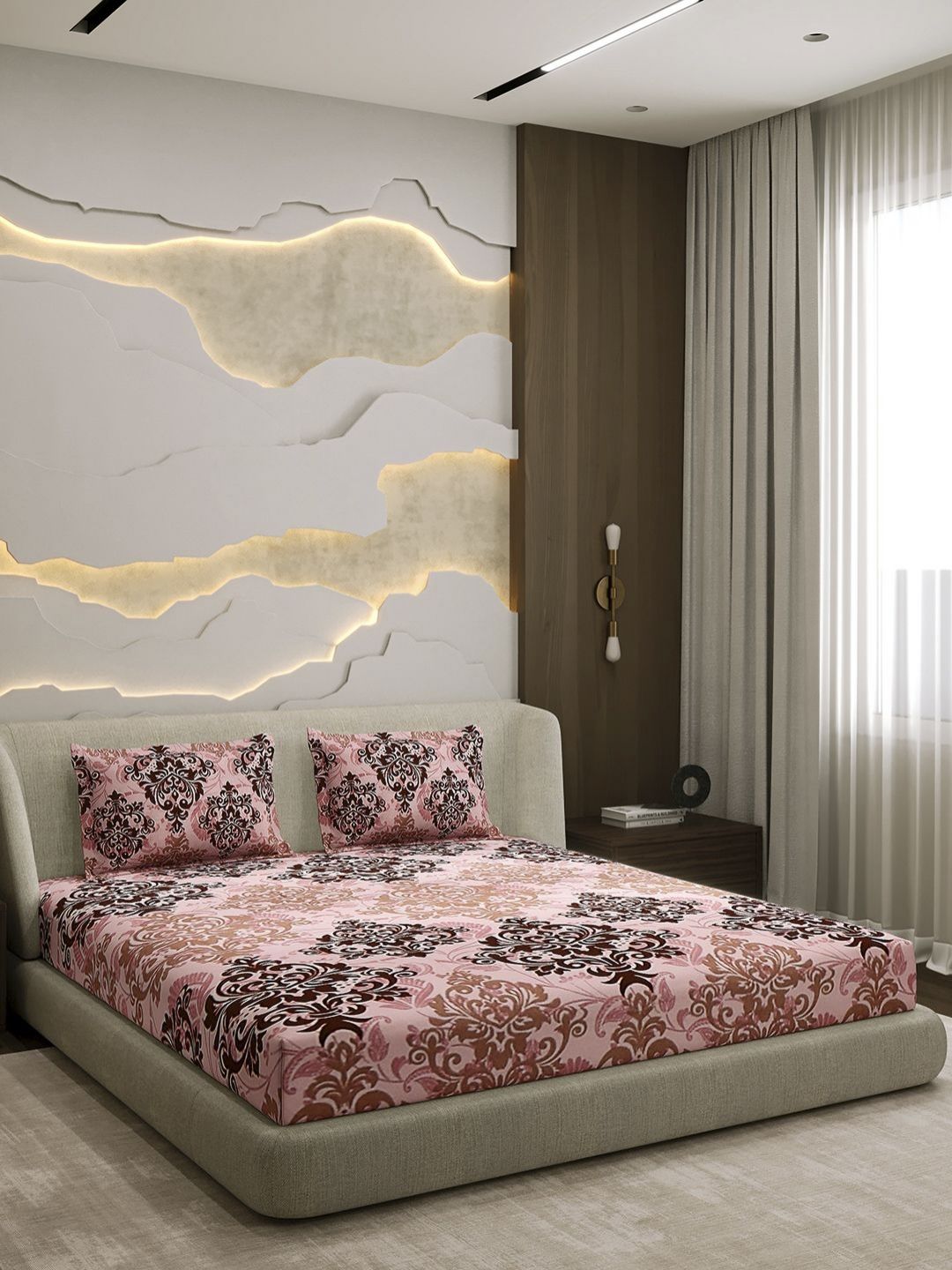 Monte Carlo Peach & Brown Printed Cotton 104 TC Queen Bedsheet Set 2.24 m x 2.54 m