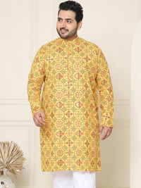 SOJANYA PLUS Ethnic Motifs Printed Band Collar Straight Cotton Linen Kurta