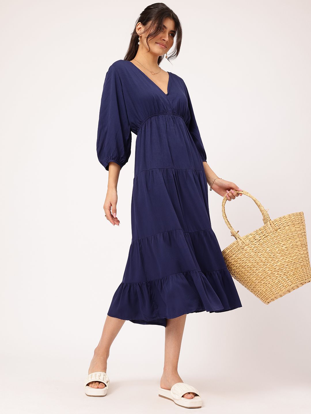 DressBerry Puff Sleeve Tie-Up Detail Sheath Midi Dress