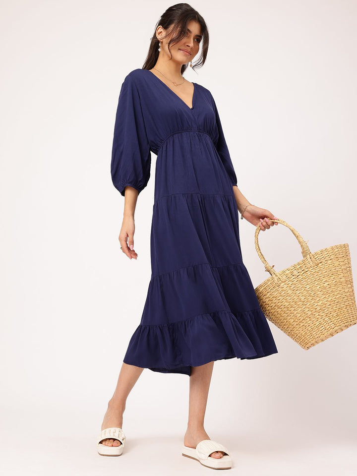 DressBerry Puff Sleeve Tie-Up Detail Sheath Midi Dress