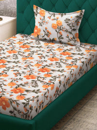 KLOTTHE Cream & Orange Floral Printed Fitted 300 TC Single 7D Bedsheet With Pillow Cover