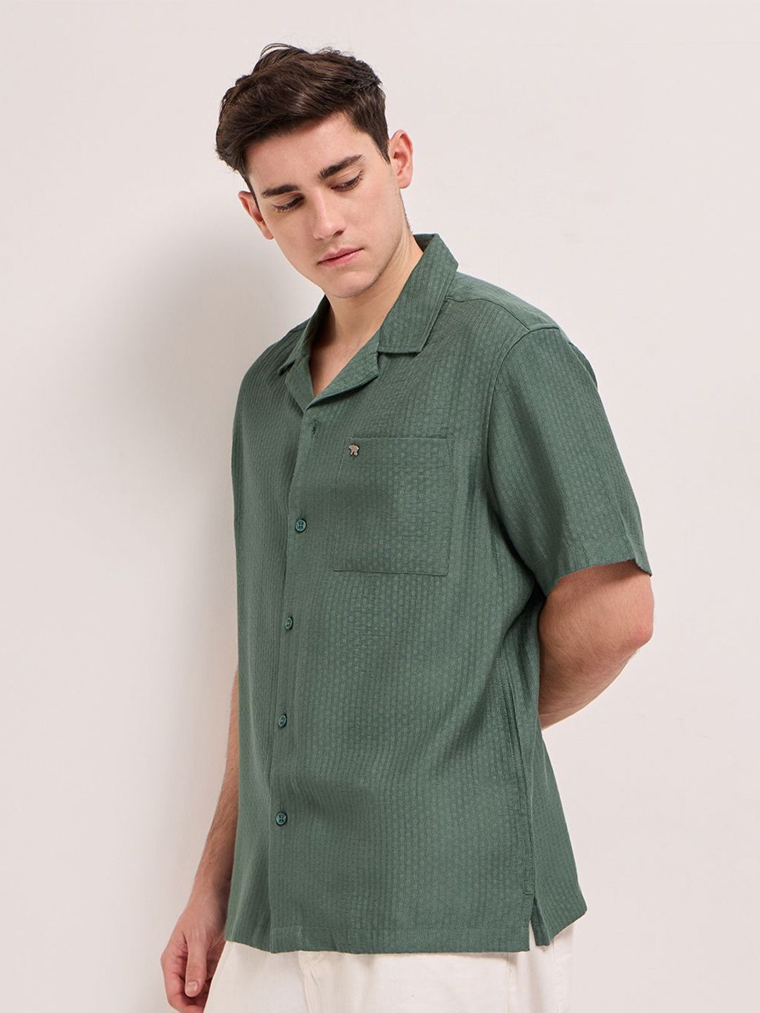 THE BEAR HOUSE Cuban Collar Textured Casual Shirt