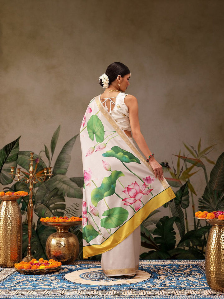 Silk Land Onam Special Floral Printed Kasavu Silk Saree