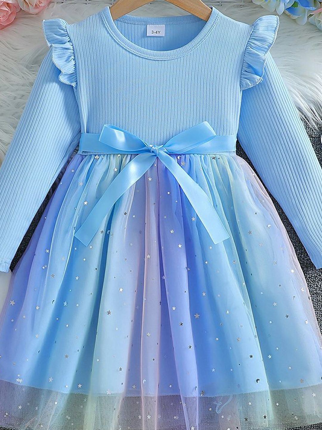 YK Girls Flutter Sleeves Fit & Flare Dress