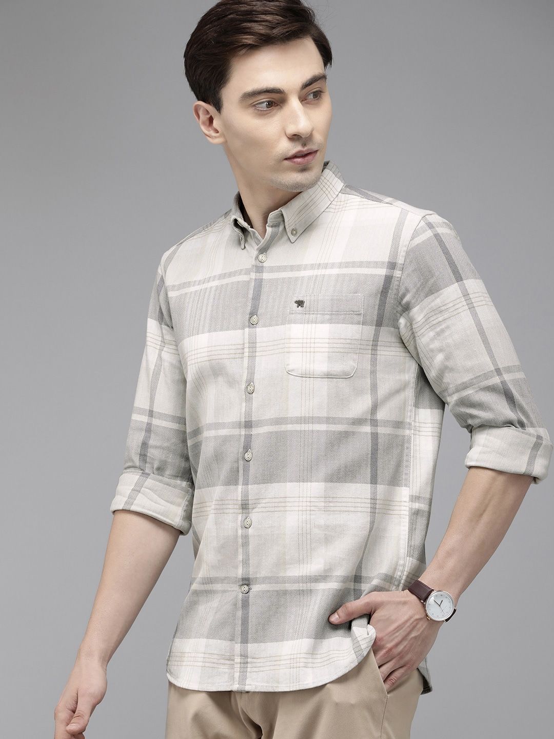 THE BEAR HOUSE Men Grey Slim Fit Pure Cotton Checked Casual Shirt