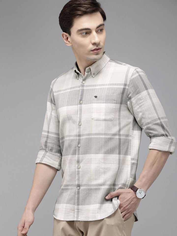 THE BEAR HOUSE Men Grey Slim Fit Pure Cotton Checked Casual Shirt