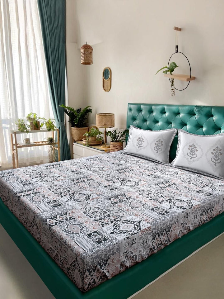 KLOTTHE Motif Etnik Kelabu Dicetak 400 TC Kapas Set Cadar Super King 2.70 m x 2.70 m