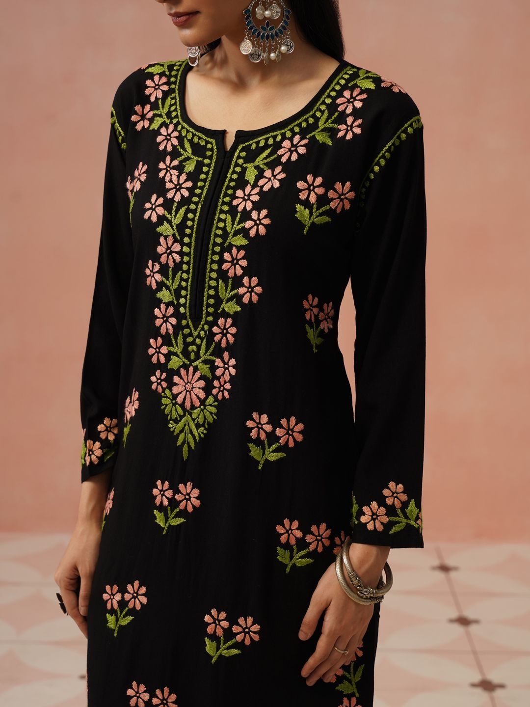 Rumah Wanita Chikankari Kerja Benang Sulam Bunga Kurta Bunga