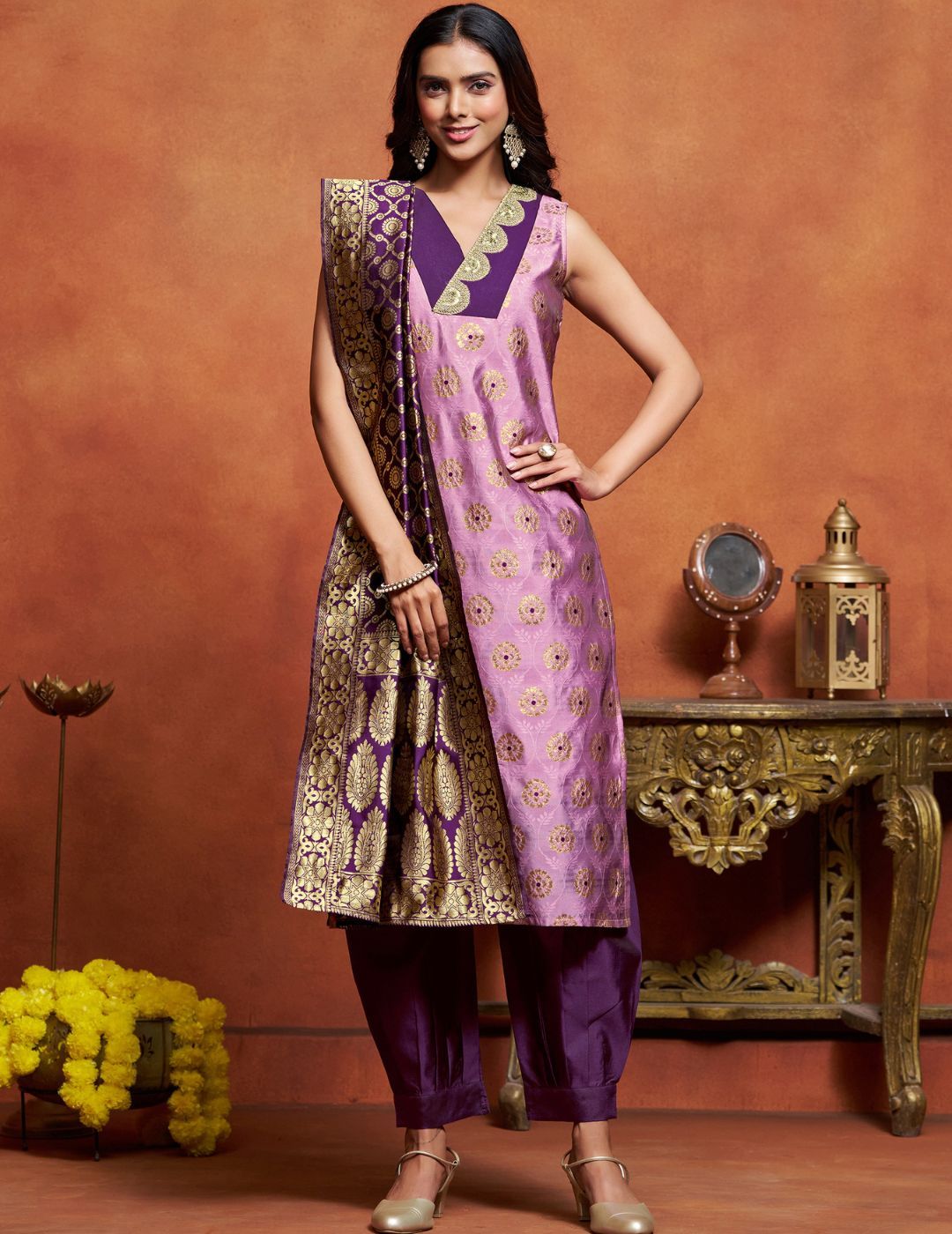 KALINI Dharti Floral Woven Design V-Neck Banarasi Straight Kurta With Salwar & Dupatta