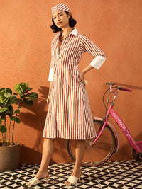 Pink Paprika by SASSAFRAS Women Striped Shirt Collar Cotton A-Line Midi Dress