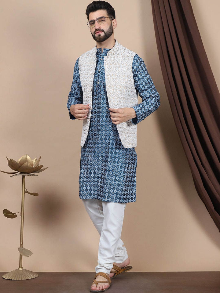 Anouk Teal Blue Ethnic Motifs Woven Design Mandarin Collar Straight Kurta & Nehru Jacket