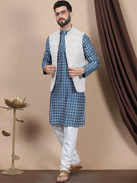 Anouk Teal Blue Ethnic Motifs Woven Design Mandarin Collar Straight Kurta & Nehru Jacket