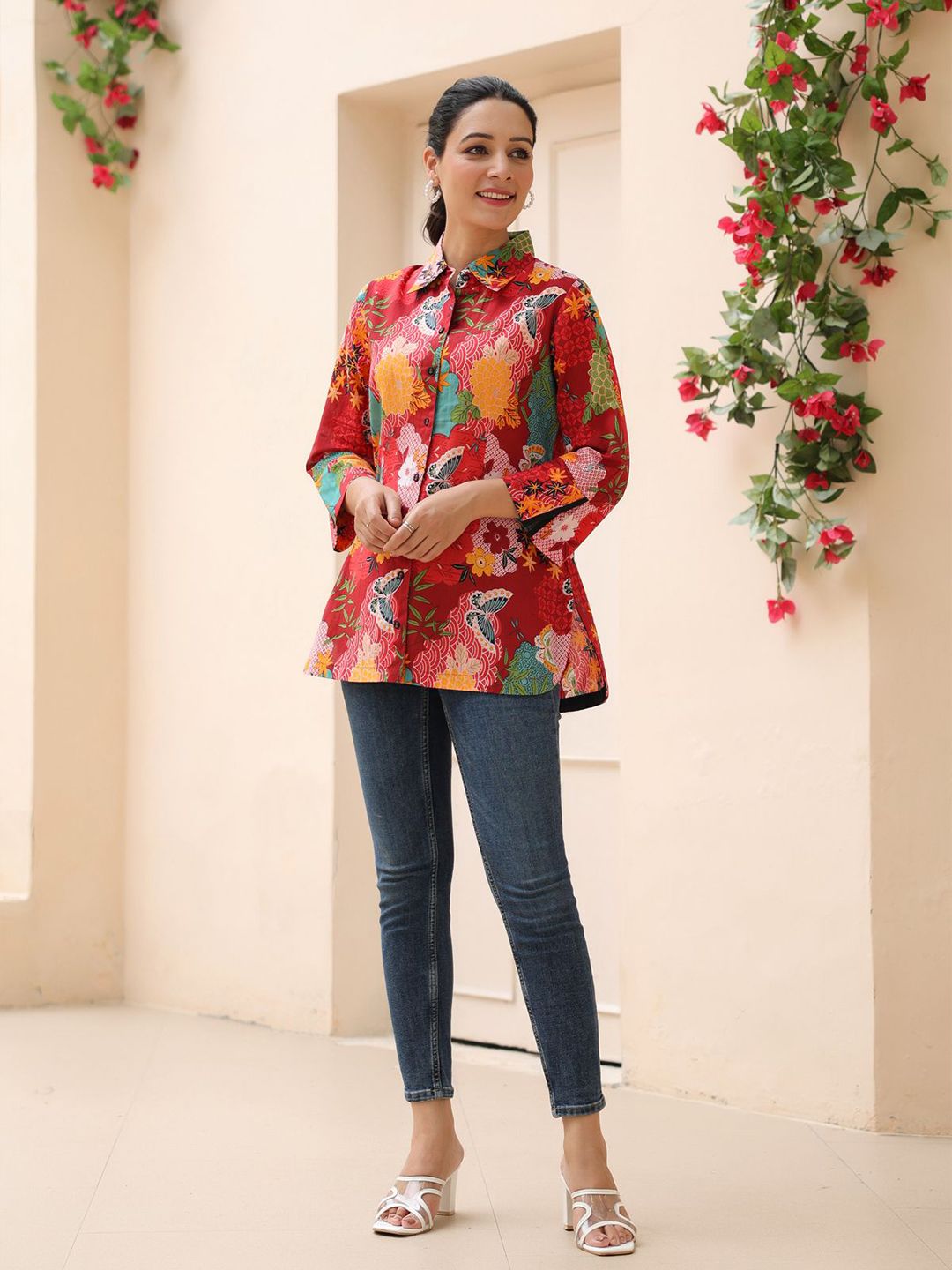 Rain & Rainbow Women Floral Printed Shirt Collar Cotton Top