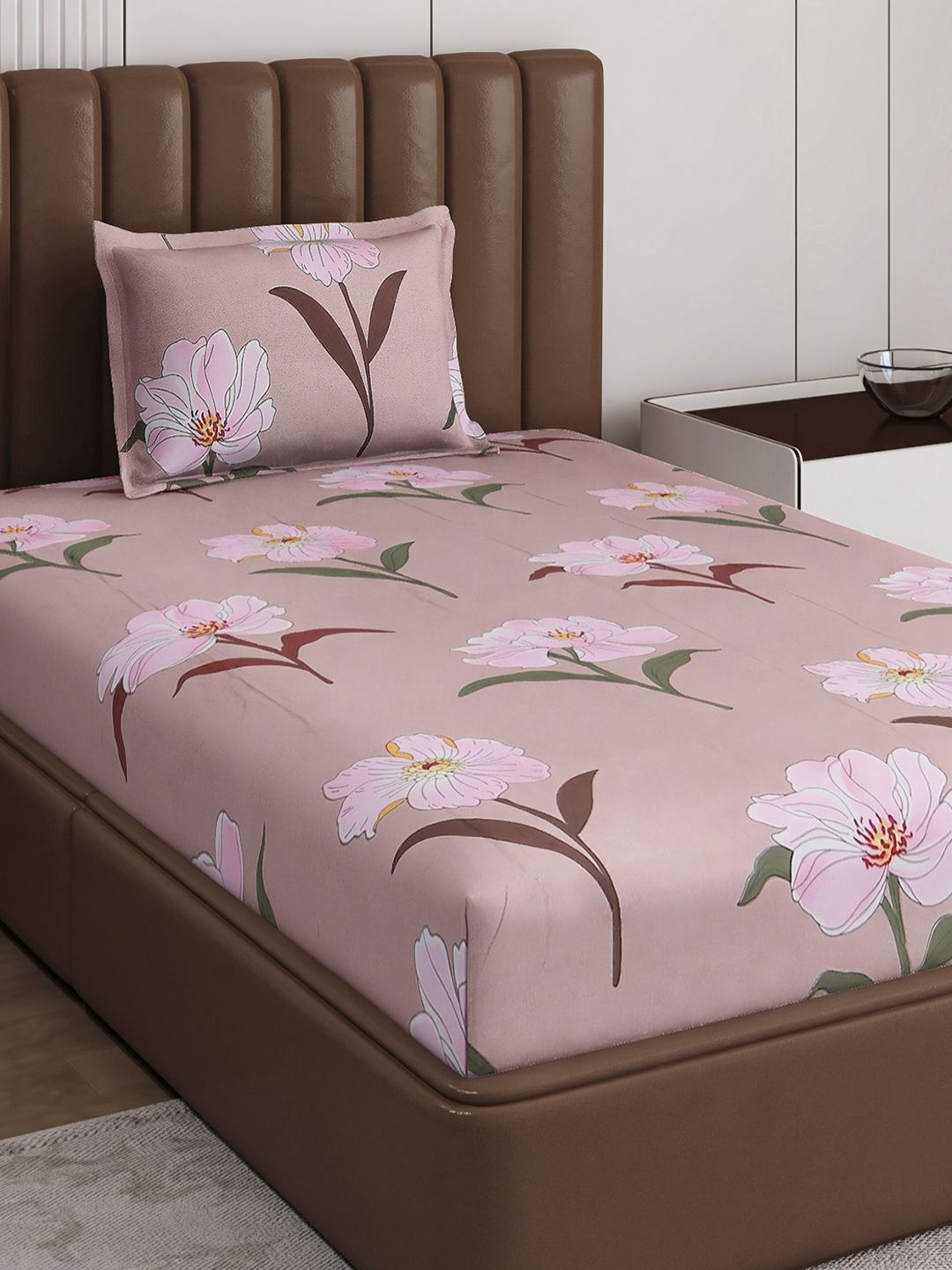 Monte Carlo Pixel Pink & Green Floral Printed 120 TC Single Bedsheet Set 1.52 m x 2.30 m