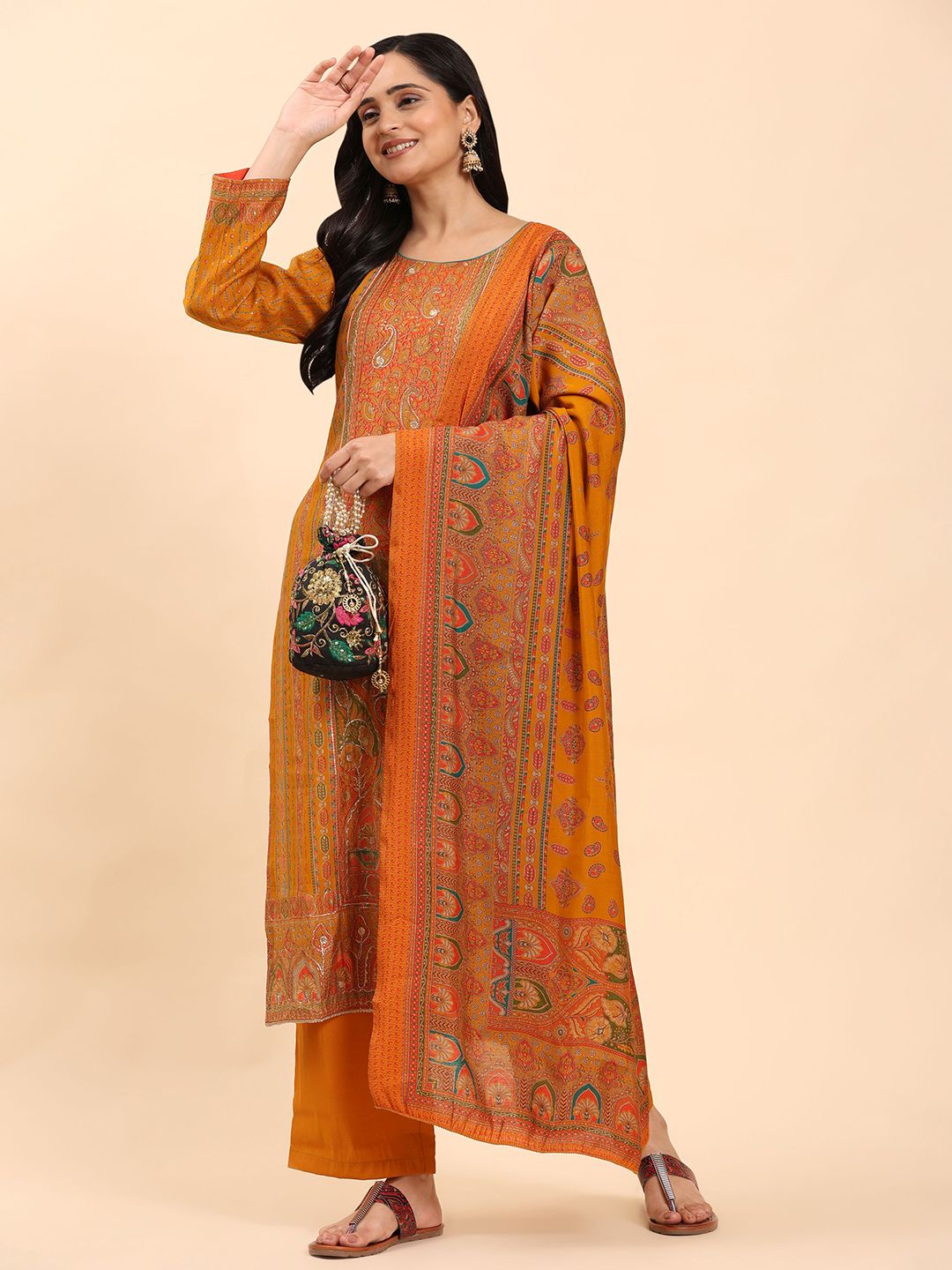 Mamicha Women Paisley Embroidered Regular Pure Cotton Kurta with Palazzos & With Dupatta