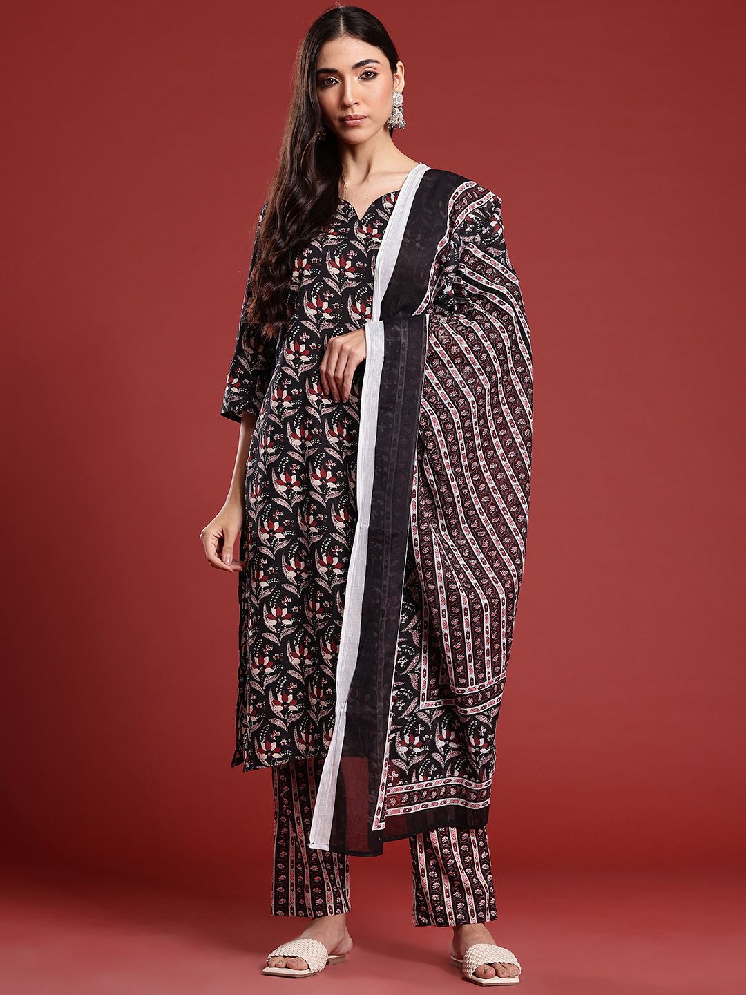 Anouk Ethnic Motifs Printed Pure Cotton Kurta with Trousers & Dupatta