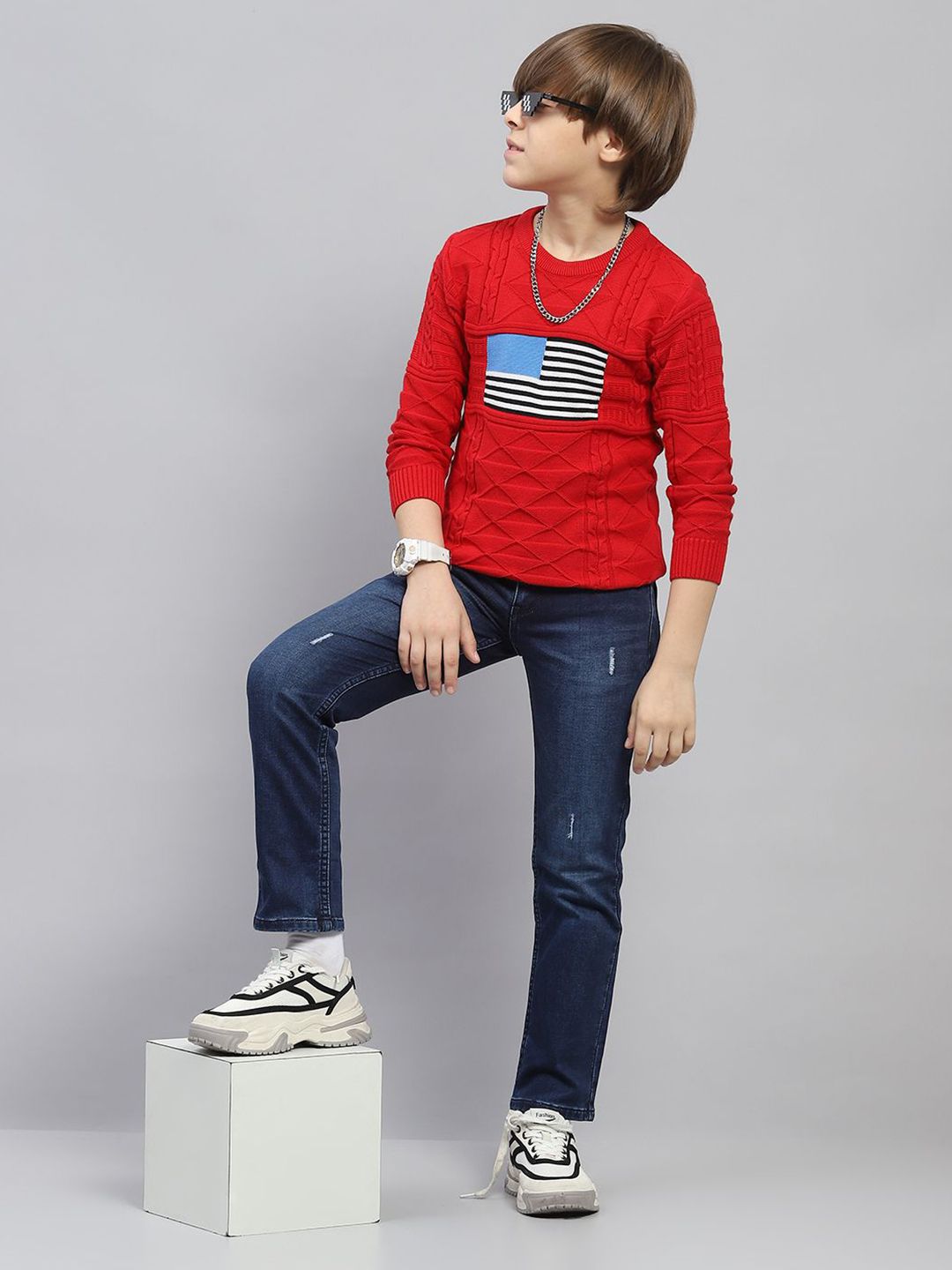 Monte Carlo Boys Cable Knit Self Design Cotton Winter Pullover