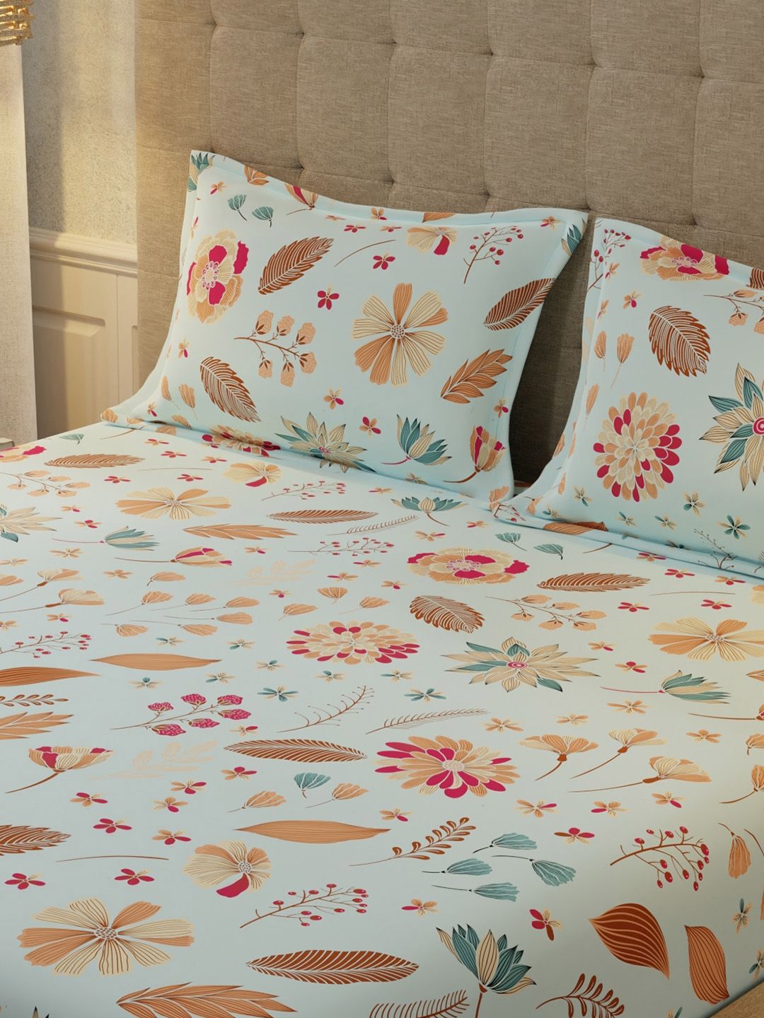 URBAN SPACE Florence Sky Blue 200 TC Floral Queen Bedsheet