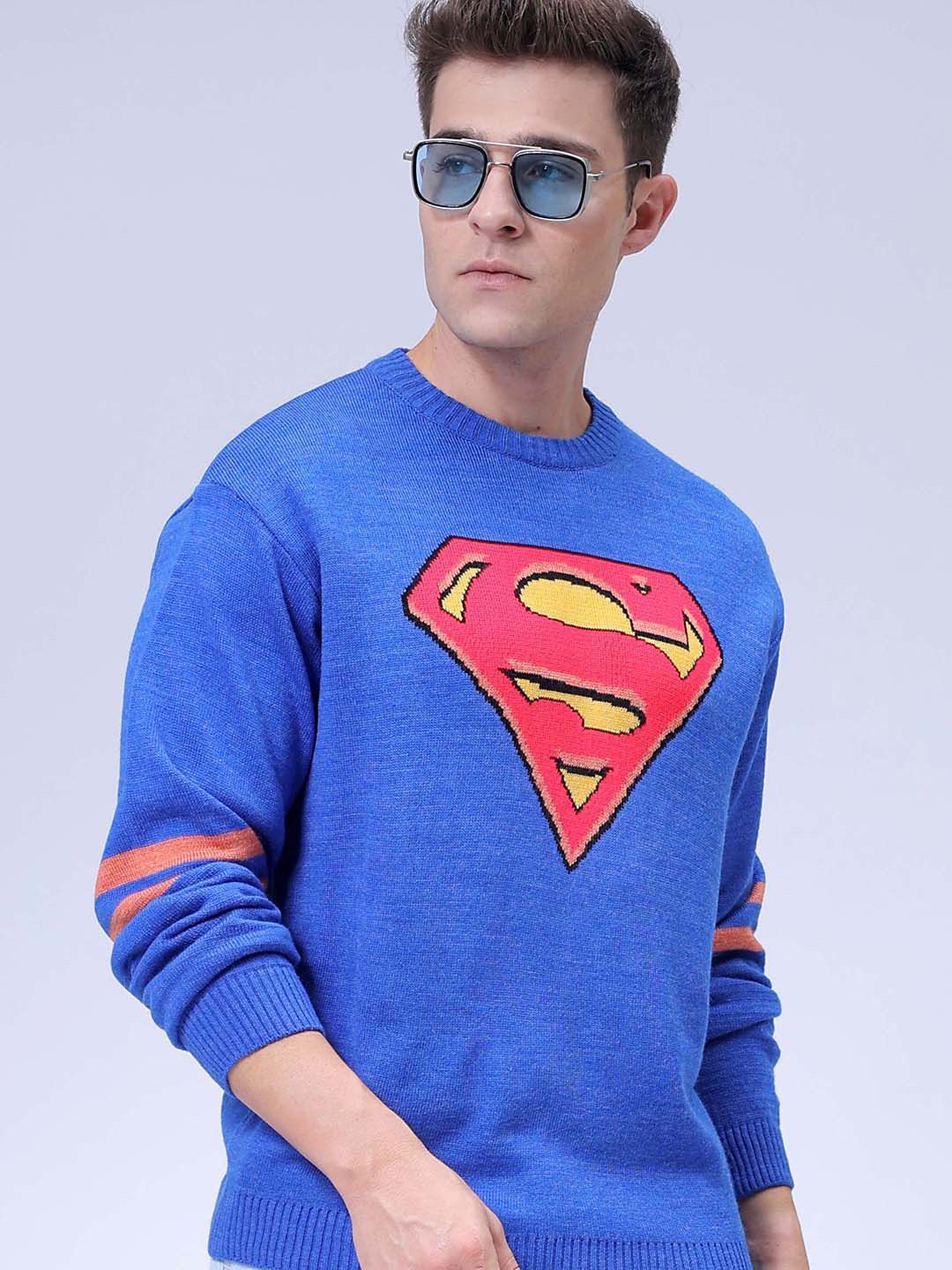 The Indian Garage Co Men Superman Printed Crew Neck Relaxed Fit Jacquard Sweater