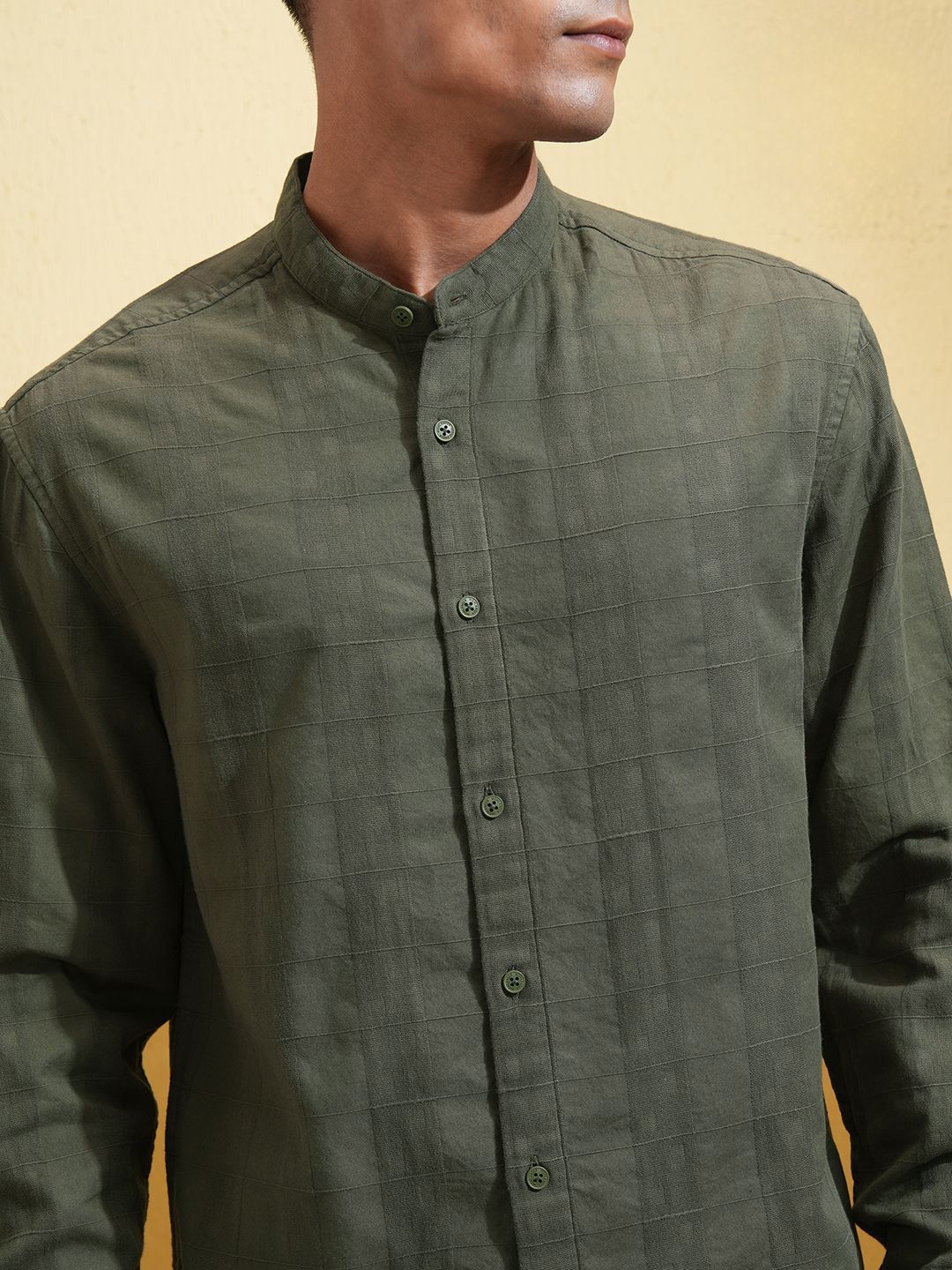 HIGHLANDER Men Relaxed Fit Mandarin Collar Checked Cotton Casual Shirt