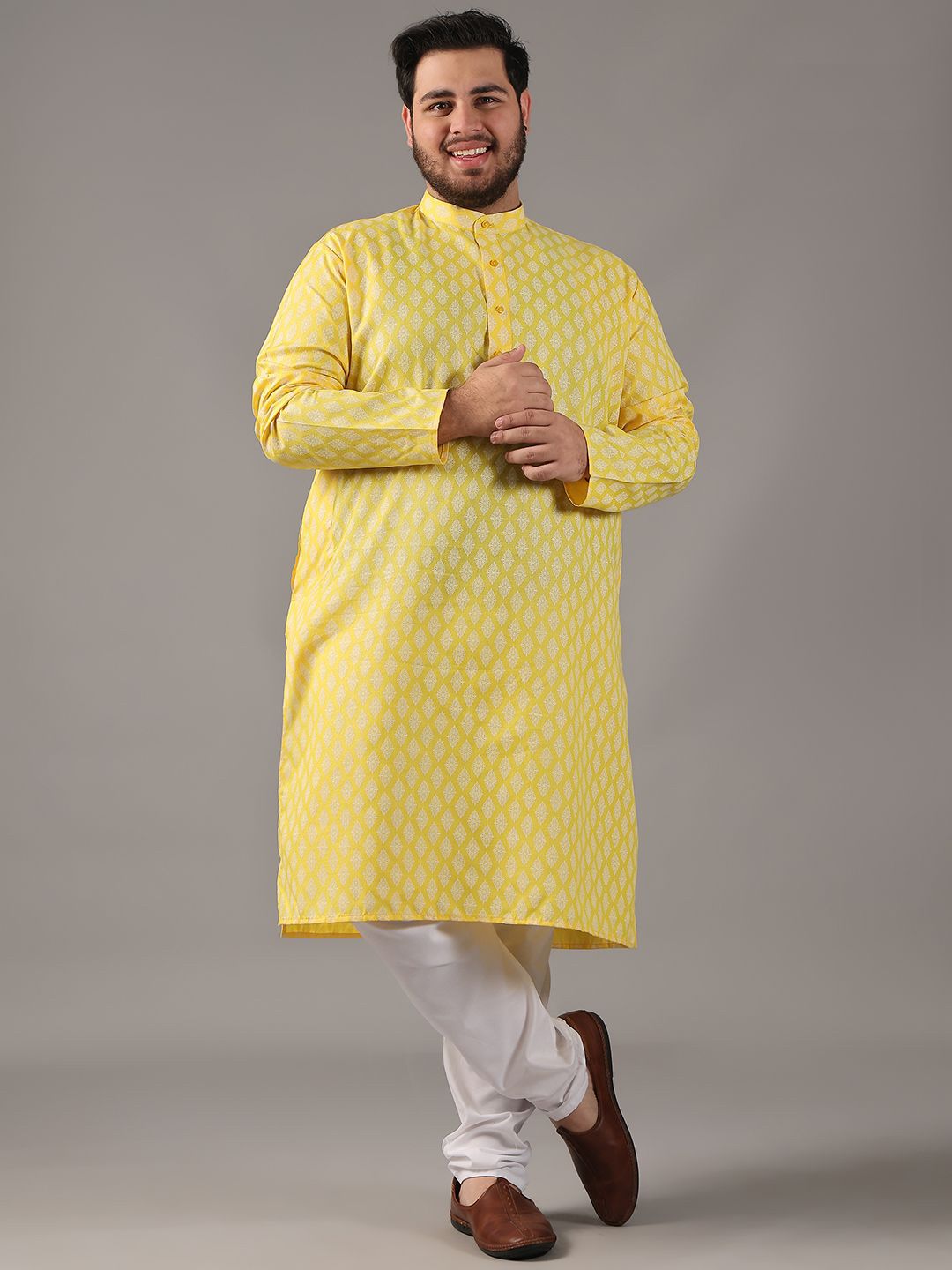 SOJANYA PLUS Plus Size Men Ethnic Motifs Printed Band Collar Straight Kurta With Pyjamas