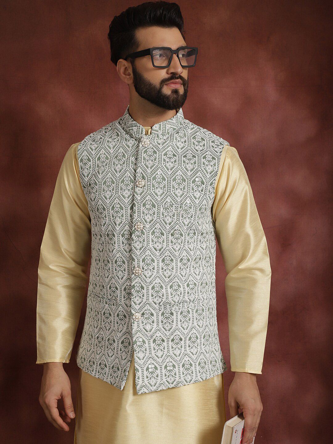 Anouk Ethnic Motifs Thread Work Straight Kurta with Churidar & Nehru Jacket